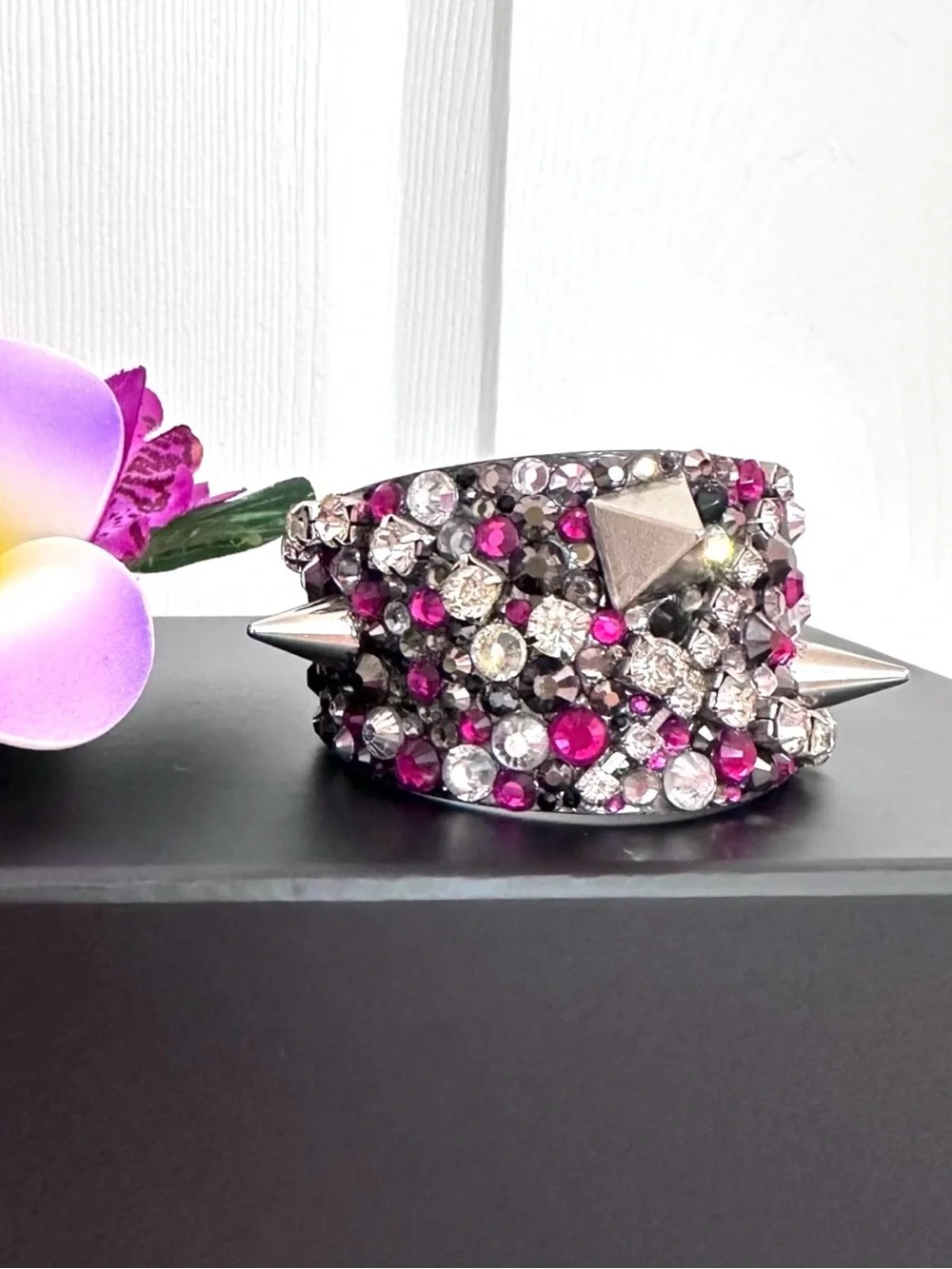CUFF BRACELET ~ Studded Pink Silver Gray and Black Cuff w/Swarovski Crystals